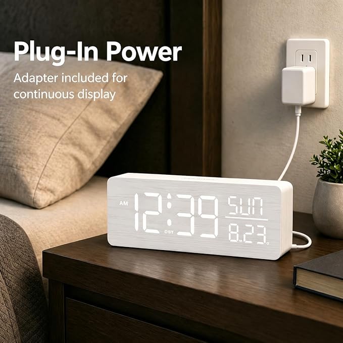 Peakeep Wooden Digital Alarm Clock Large Display, Textured Desk Table Decoration for Bedroom Living Room, Plug in Clock with Time Date Day, 5 Brightness, Auto DST