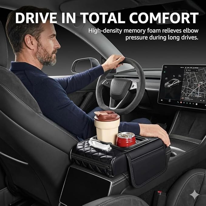 5-in-1 Universal Car Center Console Cover with Cup Holder, Upgrade Armrest Cushion for Car with Side Storage, PVC Leather Armrest Cover Pad with Phone Slot & Tissue Holder, Black