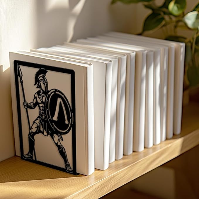 Peacoblue Metal Bookends for Shelves, Modern Decorative Heavy Duty Study Book Ends Stoppers for Office, Desk, Shelf, Room 5.3"x4.3"x7.9" Cast Iron Simple Tall Bookends 1 Pair (Spartan Warriors)