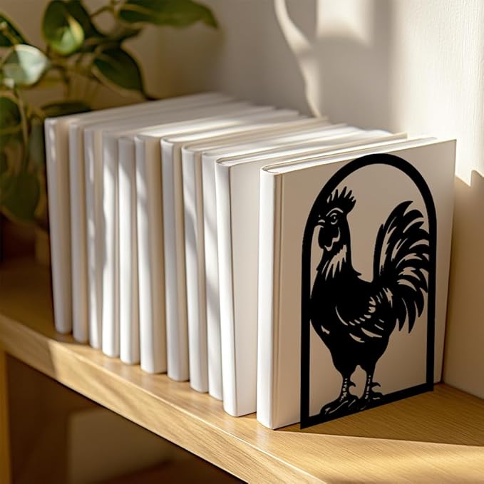 Peacoblue Metal Bookends for Shelves, Modern Decorative Heavy Duty Study Book Support Stoppers for Office, Desk, Shelf, Room 5.3"x4.3"x7.9" Cast Iron Simple Tall Bookends, 1 Pair (Rooster)