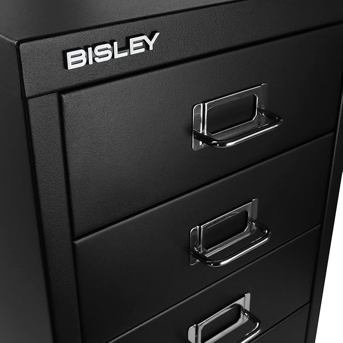 Bisley 6-Drawer Steel MultiDrawer Cabinet - Black, Chrome Pull Handles with Label Holders, Powder-Coated Steel, Removable Drawers, Fits Under Most Desks, Labels Included