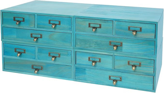 4 Packs Vintage Desktop Apothecary Cabinet with 3 Drawers,Wood Desktop Organizers Stackable Drawers Desktop Chest Drawer for Herb Storage,Tea Collection,Stationery (Blue)