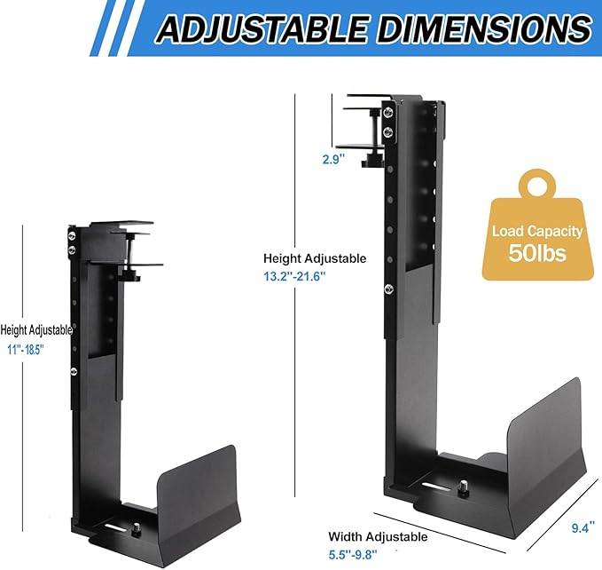 Adjustable Clamp Mount on Desk for PC Tower - No Drilling, Height Adjustable from 13.2" to 21.6", Width Adjustable from 5.5" to 9.8", Heavy Duty Under Desk Computer Mount, Computer Mount for Desk