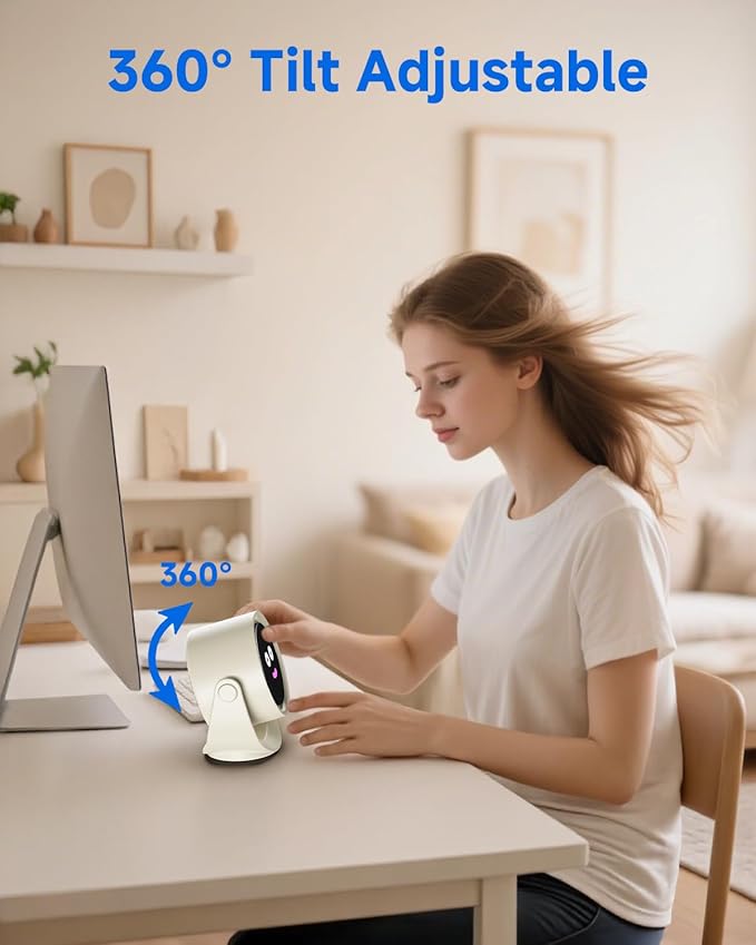 YOSHENMO Portable Desk Fan for Bedroom, Turbo Table Fans with smile icon LED Display, 6-inch, 5-Speed Strong Airflow, Low Noise, 360° Adjustable Tilt, Suitable for Home, Office, Outdoor, Off-White