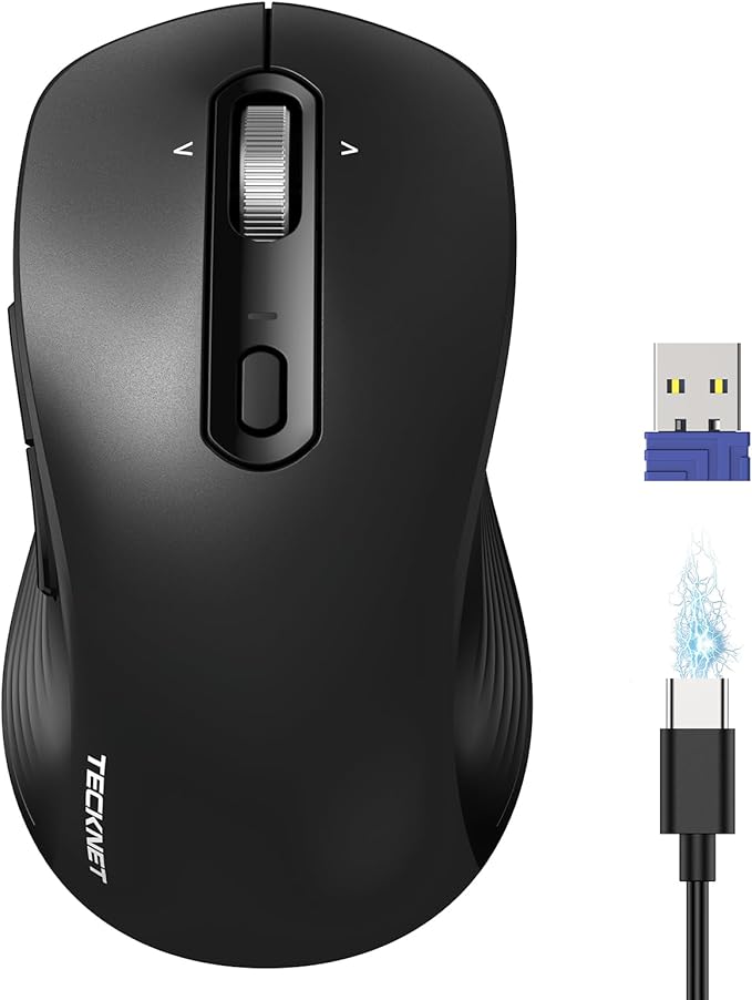 TECKNET Rechargeable Bluetooth Mouse, [ USB + BT5.0 + BT3.0 ] Wireless Mouse, Ergonomic 4-Way Scroll Wheel Computer Mice, 6-Level 4800 DPI Silent Mice, Multi-Device for Computer/Laptop/MacBook (Black)