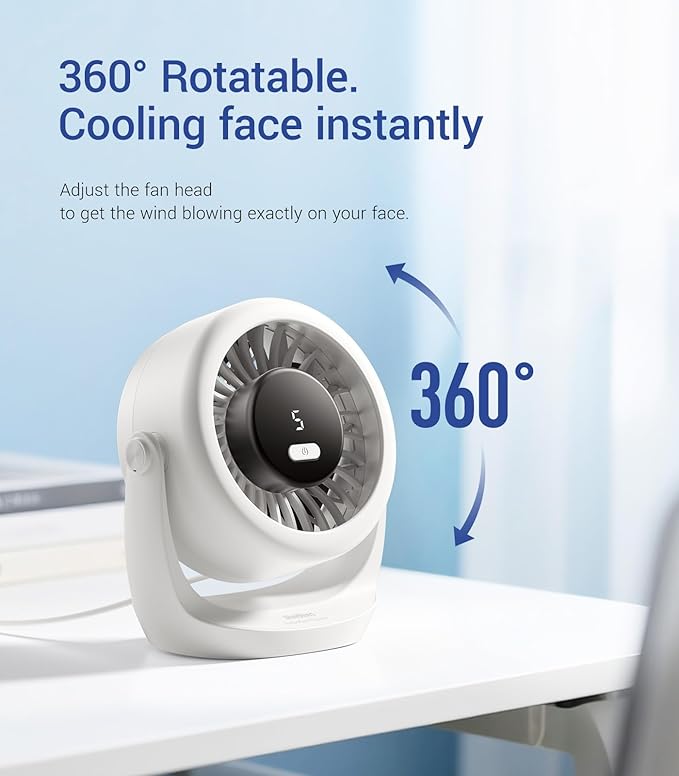 Diveblues USB Desk Turbo Fan, Ultra-Quiet Mini Desk Fan, Powerful Wind, LED Display, 5 Speed, 360° Rotating Small Portable Fan for Home, Office and Outdoor Cool Tech Gadgets - TurboBreeze