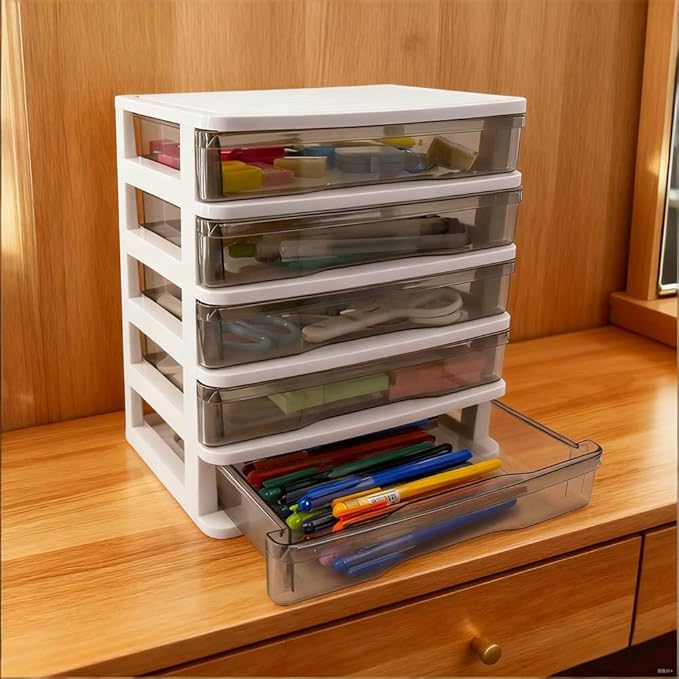 5-Layer Drawer Desktop Storage Bin Unit - Small Plastic Organizer with Clear Drawers & White Frame, Mini Container Case for Desk to Store Crafts, Accessories & Stationery