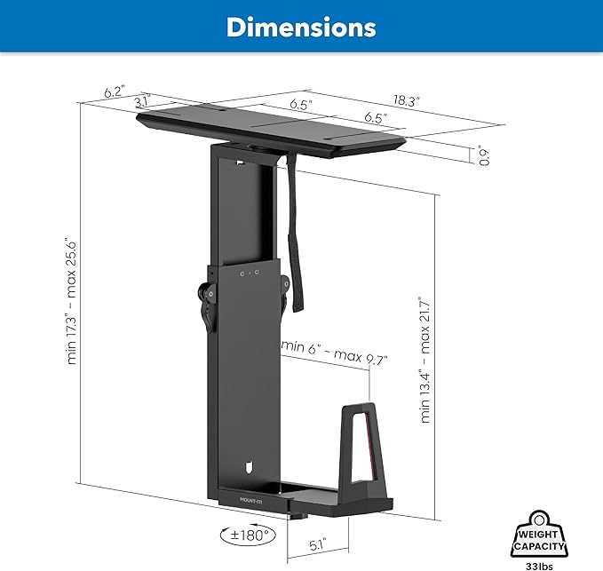 Mount-It! CPU Under Desk Mount Bracket Rack, Adjustable Computer Tower Desk Mount with Sliding Track, 33 lbs Capacity, Black