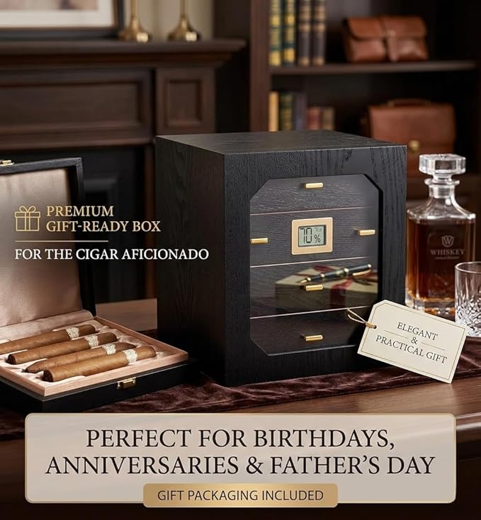 Epress Premium Cigar Humidor Cabinet - 4 Spanish Cedar Drawers with Electronic Hygrometer & Rectangular Humidifier - Airtight Magnetic Seal Glass Door - Luxury Desktop Storage for 100-150 Cigars