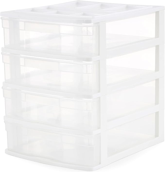 Gracious Living Drawer Organizer, 4-Tier Plastic Storage Desktop Drawers, White Frame - Desk Containers for Bathroom, Bedroom, Office, and Classroom Organization