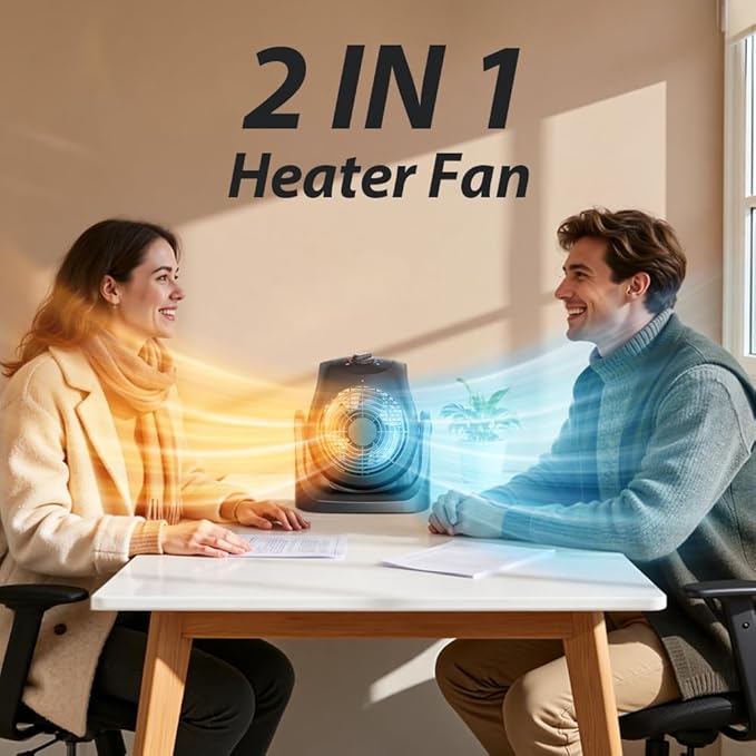Portable Electric Space Heater Cooling Desk Fan 2 in 1 Heater Fan Combo with 45° Tilt, 2 Wind Speeds, 1500W Overheat Protection Personal Small Heater for Home Office