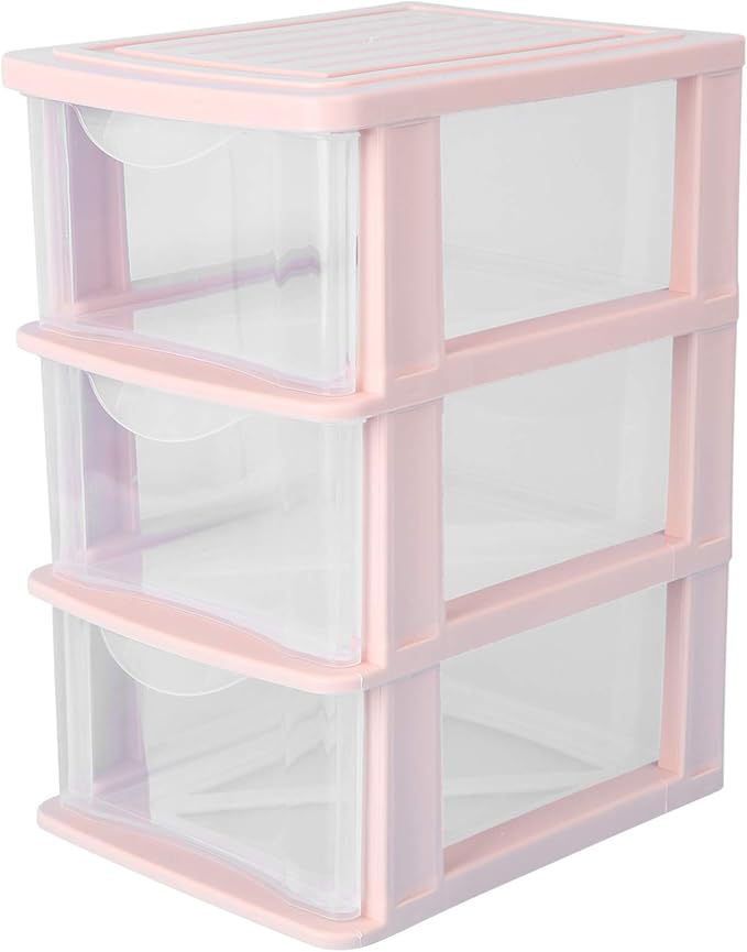 Yardwe Pink Plastic Storage Drawers 3-Layer Clear Drawer Organizer Box for Desktop Makeup and Stationery Storage 9.06X6.89X5.31 Inches Dustproof Unit