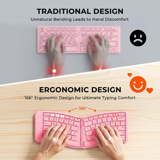 MEETION New Ergonomic Bluetooth Foldable Keyboard, Split Compact Portable Wireless Keyboard for Business Travel, Rechargeable Folding Keyboard for Tablet PC Smartphone iOS Android Windows Mac Pink