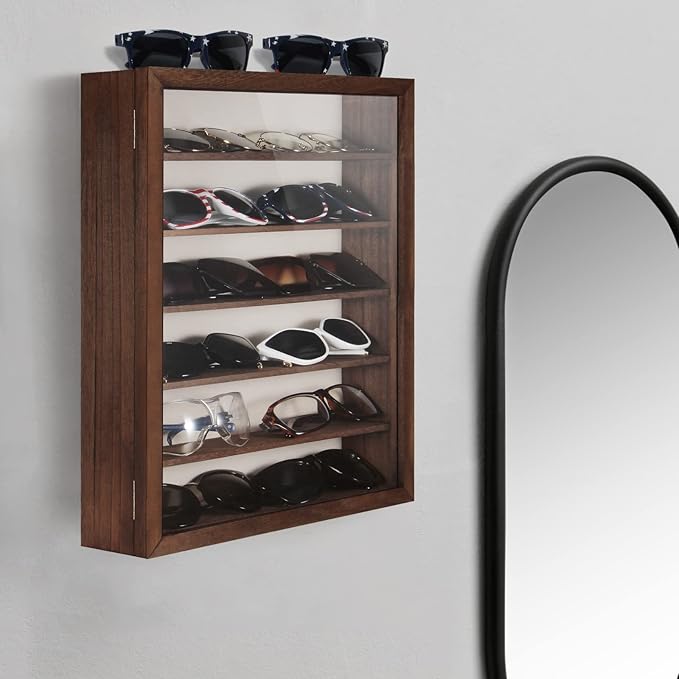 TJ.MOREE Sunglasses Organizer Storage Wall Mounted: 13 x 15.6 inches Eyewear Display Case 6 Tier Rustic Wood Eyeglasses Holder Large Glasses Storage Box, Brown
