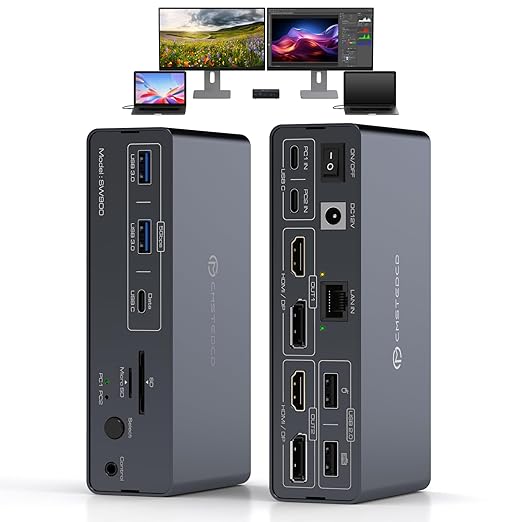 USB C KVM Switch Docking Station for 2 Montors 2 Laptops or MacBook with Displaylink,14-in-1 Thunderbolt Docking Station Support Extended/Copy Mode with 4K@60Hz HDMI and Displayport Dual Display Out
