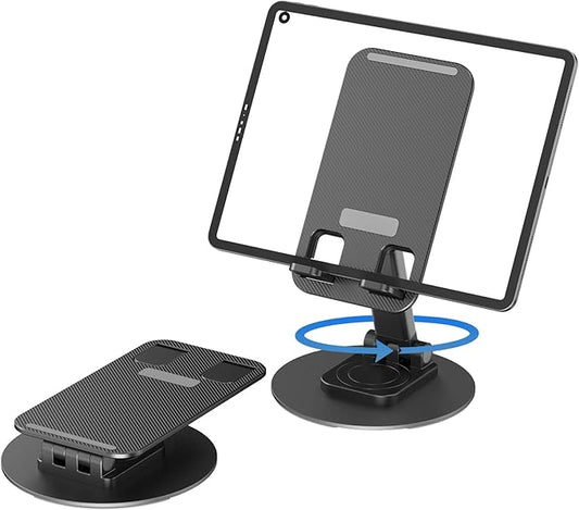 360° Rotating Cell Phone Stand for Desk, Adjustable & Foldable Phone Holder, Aluminum Desktop Phone Stand with Anti-Slip Base, Compatible with iPhone, iPad, Android Phones, K39B-Black