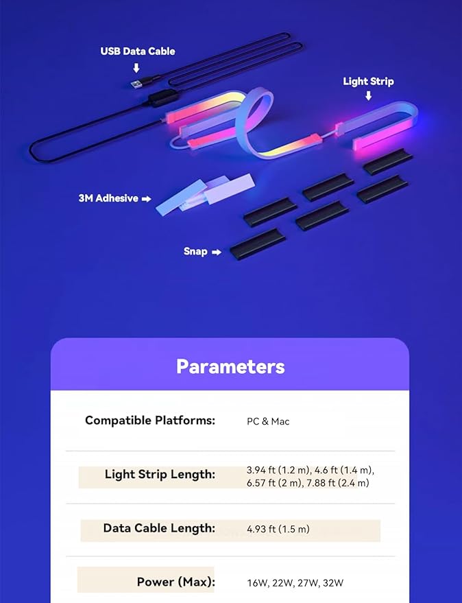 RGB Backlight for PC & Mac, LED Strip Light Sync with Screen Color or Music, Stick to the Edge of Your Desk, LEDs for Desk Gaming, USB Port, Software Control, 4.6ft / 1.6m