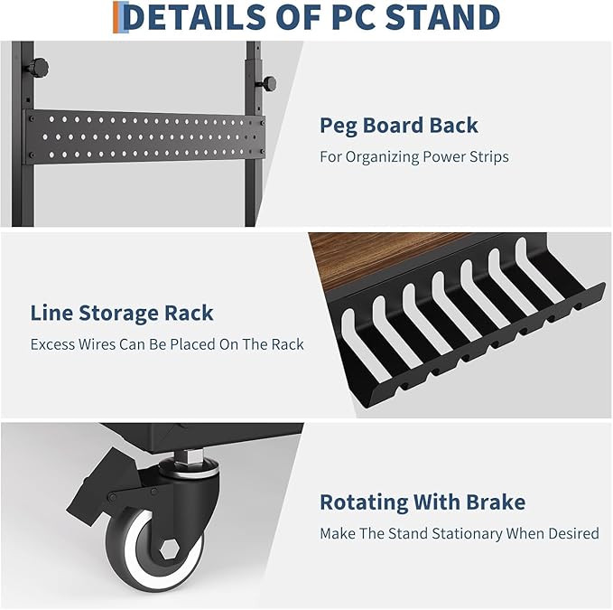 2-Tier Rolling Computer Tower Stand with Cable Management Rack, Height Adjustable CPU Holder Cart with Hooks for Gaming Home Office, PC Stand Fits Under Desk,Walnut