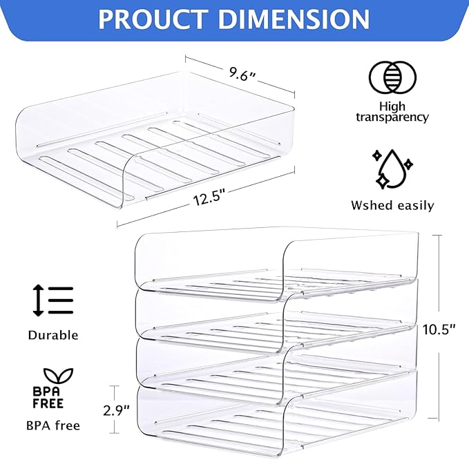 LALOBLUE Stackable Letter Tray Desk Organizer, Set of 4 Clear PET Paper & File Organizers, Document Storage for Office Supplies