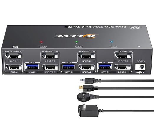 KCEVE KVM Switch 2 Monitors 3 Computers Displayport, USB 3.0 KVM Switch 3 Computer Sharing 2 Monitor and 4 USB 3.0 Devices, 4K@144Hz, Wired Remote(4K DP 3 in 2 Out KVM)