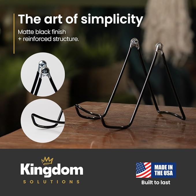 KINGDOM SOLUTIONS MADE IN USA 36-Pack Adjustable Black Metal Easels - Book Stand - Sturdy Plate Stand for Art, Pictures, Books, Frames - Unique on the Market