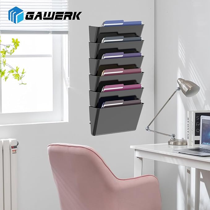 Gawerk Clear Acrylic Single Pocket, Plastic Hanging Wall Mount File Holder for Office Home (Black, 6 Pack)
