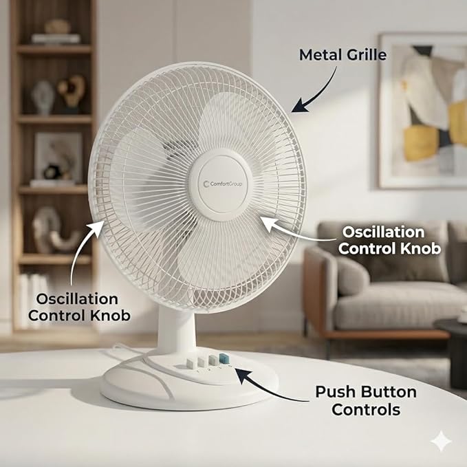 Comfort Zone 16 inch Table Fan with Adjustable Tilt, Wide Area Oscillation, Quiet Air Circulator Fan For Bedroom, 3 Speed Desktop Fan for Home Office, Push Button Controls, White