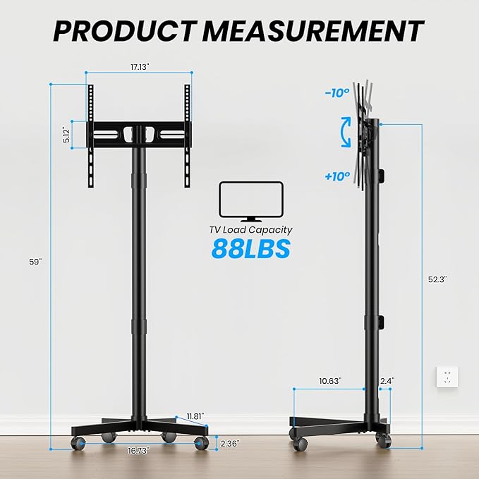 Mobile TV Cart Rolling TV Stand for 23-60 Inch LCD LED Flat Curved Screens up to 88 lbs - Height Adjustable Portable TV Stand on Wheels - Outdoor TV Stand Mount, Max VESA 400x400mm, Black