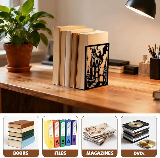 Peacoblue Metal Bookends for Shelves, Modern Decorative Heavy Duty Study Book Ends Stoppers for Office, Desk, Shelf, Room 5.3"x4.3"x7.9" Cast Iron Simple Tall Bookends 1 Pair (Dragon Castle)