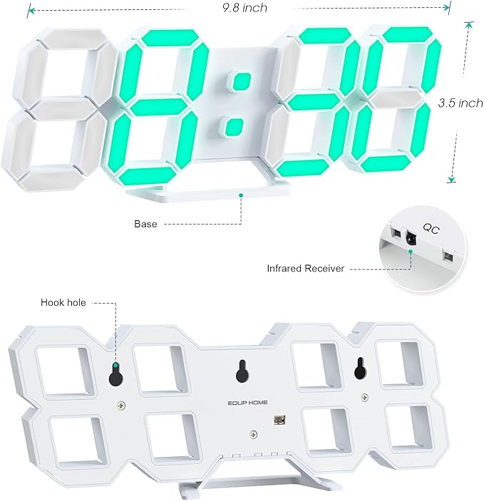 3D LED Digital Wall Clock 9.7" RGB Neon Alarm Clock, Large Display Desk/Wall Clock for Bedroom Living Room, 7 Colors Night Light, Adjustable Brightness, Time Date Temperature, 12/24H