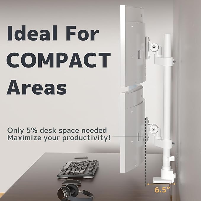 Dual Monitor-Arm Heavy Duty Ultrawide - 24-57 inch Vertical Dual Monitor Mount, Adjustable Stacked Double Monitor Desk Mount Stand, Max Load 59.4 lbs (per Arm), VESA 75/100 mm, White