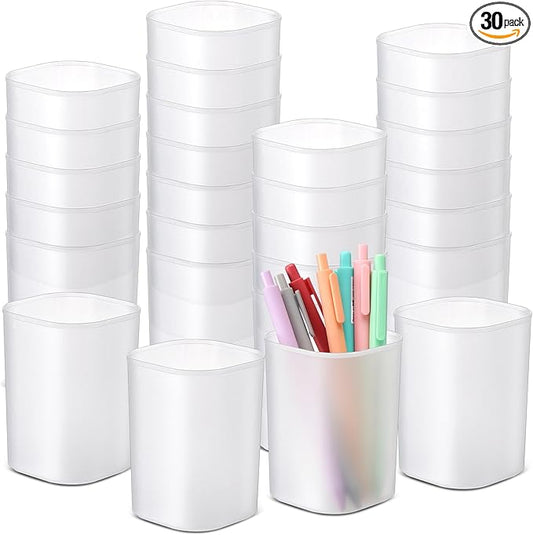 30 Pack Pen Holder Pen Cups for Desk Organizers and Storage Stationery Plastic Matte Pencil Holder Cups Ins Style Transparent for Office School Supplies (White)