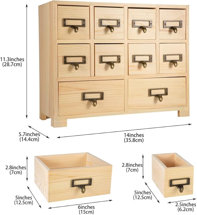 Apothecary Cabinet with 10 Drawers & Labels Rustic Library Card Catalog Cabinet Desktop Wooden Storage Box for Organize Herbal、Tea Bag、Jewelry (Wood)