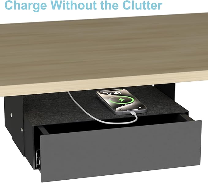 Under Desk Lockable Drawer, Slide-Out Storage Organizer with Full Extension Ball-Bearing Slides, Carbon Steel Undermount Drawer for Home Office Standing Desk, Black, 13.8 Inch
