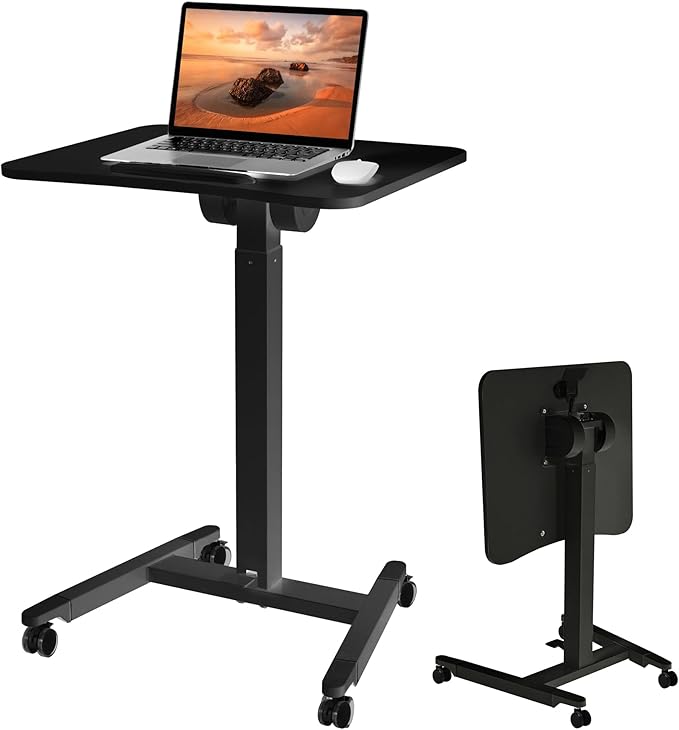 Fromann Mobile Standing Podium Desk Laptop Sit to Stand Height Adjustable Workstation with Wheels,Gas Spring Lift Mechanism Desk (Black)