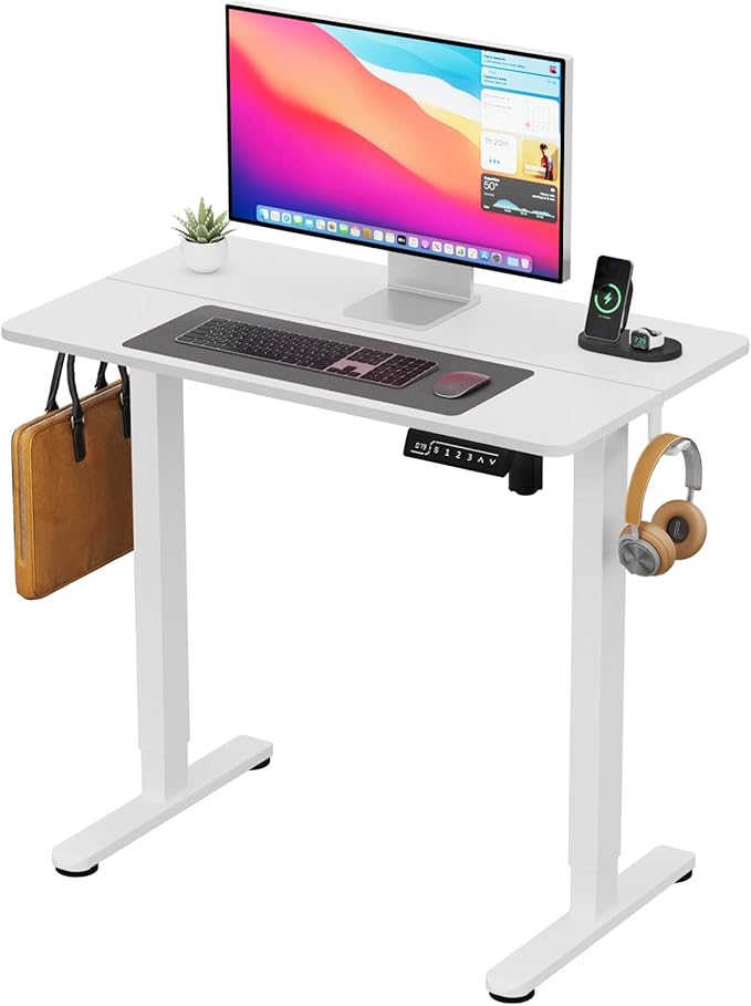 Small Electric Standing Desk, 35" ×20" White Standing Desk, Height Adjustable Compact Sit Stand Workstation with Splice Board, Home Office Desk with 2 Hooks