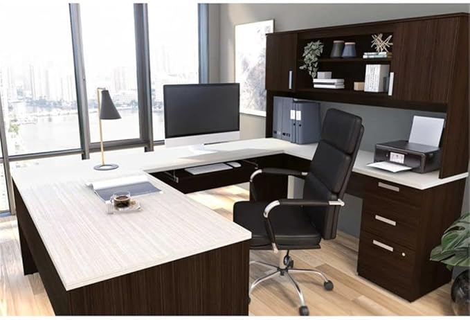 Pemberly Row U Shaped Computer Desk, 65" W x 93.6" D x 65.9" H, Melamine and Particle Board, Dark and White Chocolate Finish, Built-in File Cabinet, Hutch Storage, Reversible Configuration for Home