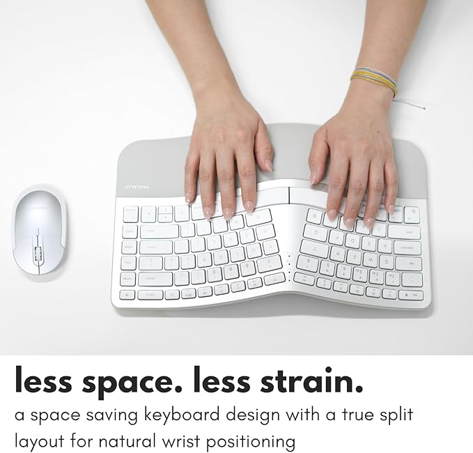 Macally Ergonomic Keyboard for Mac Wireless, Split Bluetooth & USB-C+A Wired Dual Mode Keyboard, Rechargeable Multi-Device Ergonomic Keyboard for MacBook iMac iPad iPhone with Wrist Cushion
