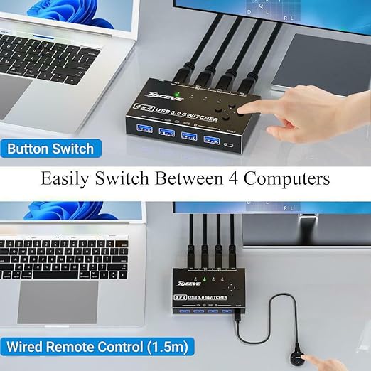 USB 3.0 Switch Selector 4 Computers, 4 Port USB KVM Switch for 4 PC Share 4 USB Devices for Keyboard Mouse Printer, Wired Remote and 4 USB 3.0 Cables Included