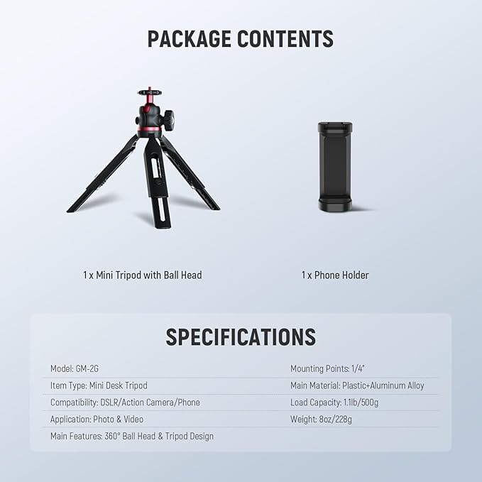NEEWER Entry Level Version Mini Tripod for Camera, 360° Small Desk Portable DSLR Webcam Cell Phone Mount Holder Stand Selfie Stick Grip Compatible with iPhone Samsung Android Video Recording, GM-2G