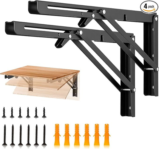 JOY DECOR 14 Inch Heavy Duty Folding Shelf Brackets, 4 Pack (2 Pairs) Collapsible Wall Mounted Brackets for Fold Down Table, Stainless Steel Folding Table Hinge, Matte Black