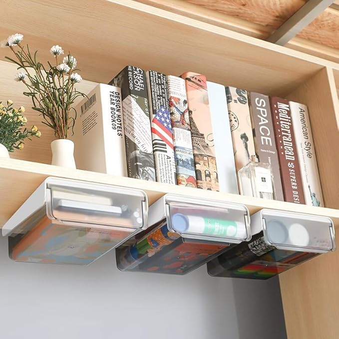 Self-adhesive Under Desk Drawer Organizer, Table Hidden Slide Out Large Storage Mounted Desktop Pencil Holder Tray Drawers for Office Home School Stationery Kitchen (White)