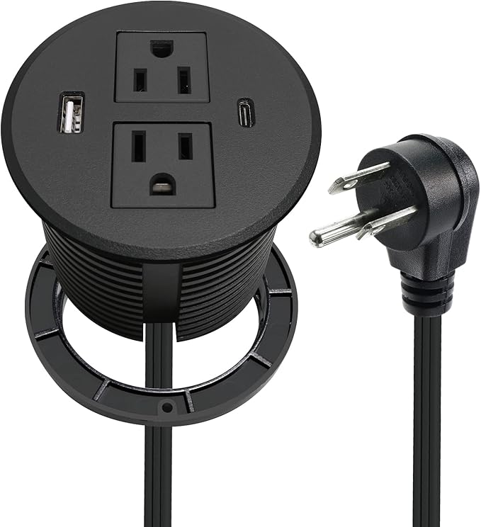 Desk Power Grommet USB C Total 30W, 3.15 Inch PD Fast Charge Desktop Power Strip 2 Outlets 2 USB Ports Recessed Flat Plug Extension Cord Mount into Countertop Shelf Cabinet End Table. (Black)