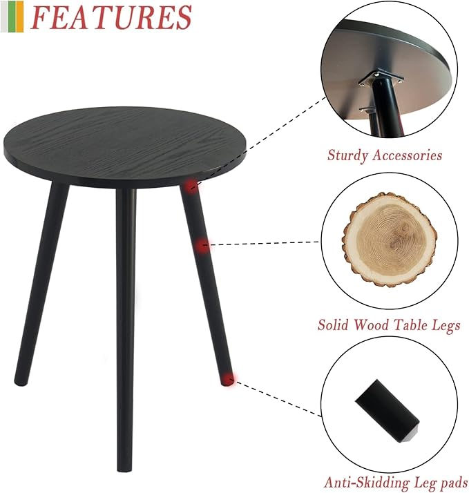 AWASEN Round End Table, Black Side Table Modern Home Decor Small Accent Table for Small Space Living Room, Bedroom and Balcony, Easy Assembly, 19.69''H x 15.7''D (Black)