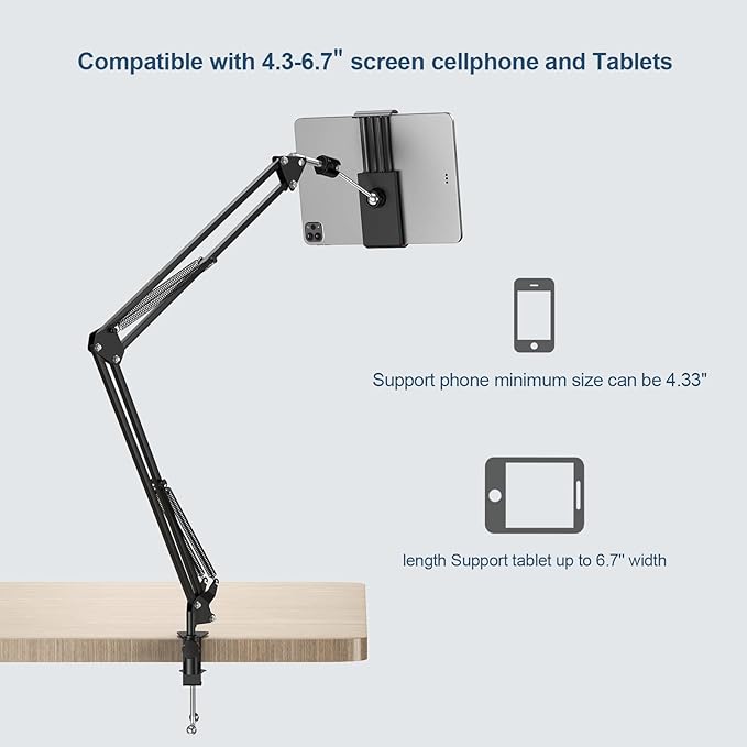 ANIVIA Articulating Arm Phone Mount, Adjustable Arm Webcam, Phone Holder for Streaming, Baking, Crafting, Compatible with 4.3-6.7 inch Devices