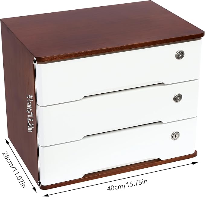 Wooden Desk Organizer with Drawers & Lock Desktop Storage Cabinet Tabletop Organizing Unit for Home Office Supplies File Stationery Jewelry (Dark Brown, 3 Tiers)