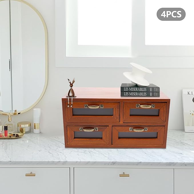4PCs 16 Drawer Wooden Desk Top Organizer Cabinet, Desktop Drawer Storage Box, Vintage Wooden Storage Box, Tabletop Multi Storage Organizer, Use for Home & Office (Brown)