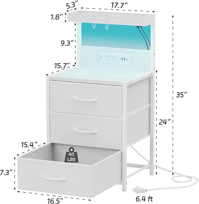Night Stand with Charging Station Set of 2, LED Nightstand Bedside Table with USB Ports and Outlets, 3 Fabric Drawer End Side Table Night Stand Set 2 for Bedroom with Storage Shelf and 2 Hooks, White