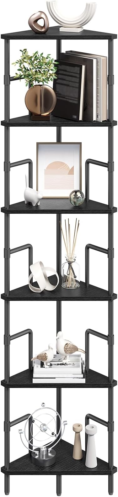 MAHANCRIS 65" Corner Shelf, 6-Tier Industrial Corner Bookshelf with Metal Frame, Small Plant Stand, Display Shelf for Living Room, Bedroom, Home Office, Small Spaces, Black CSBK6601