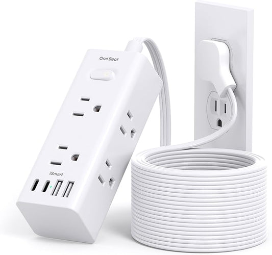 15Ft Extension Cord with Multiple Outlets, Flat Plug Power Strip Surge Protector with 15 Ft Long Cord, 6 Outlet 3 USB Ports (1 USB C), Multi Outlet Wall Plug for Travel, College, Dorm Room Essentials
